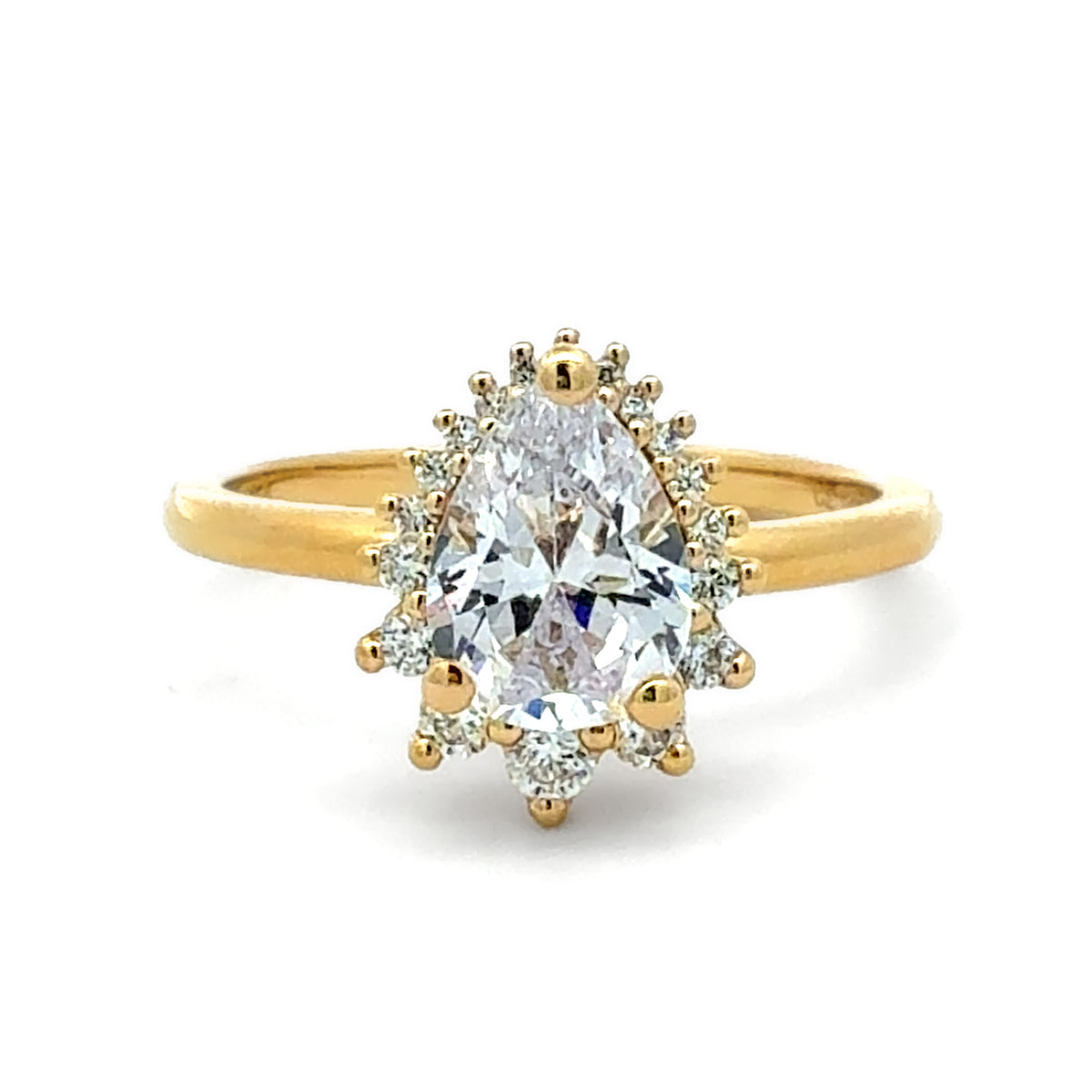 A yellow gold ring featuring a pear-cut clear center stone surrounded by a halo of small round stones, set on a polished gold band against a white background.