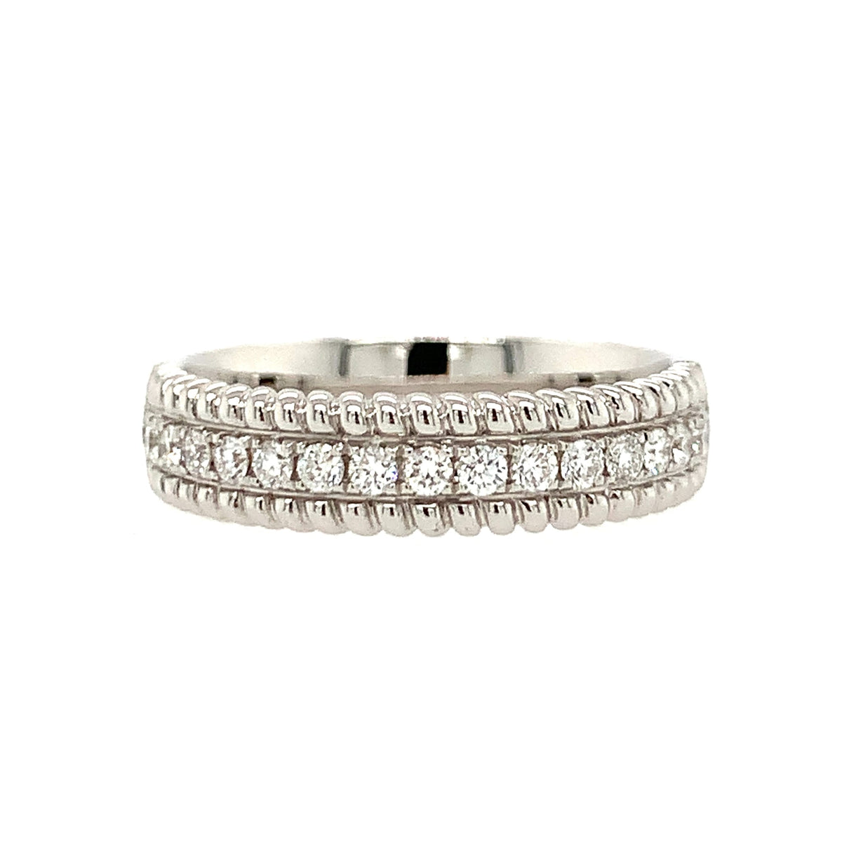Silver ring with diamond accents on a white background