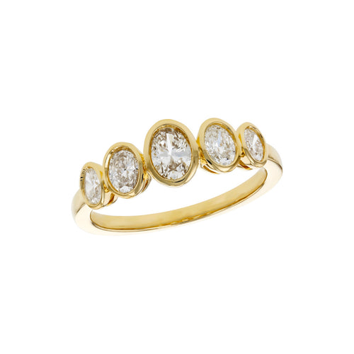 A yellow gold five-stone ring featuring oval-cut clear gemstones in bezel settings, shown on a plain white background.
