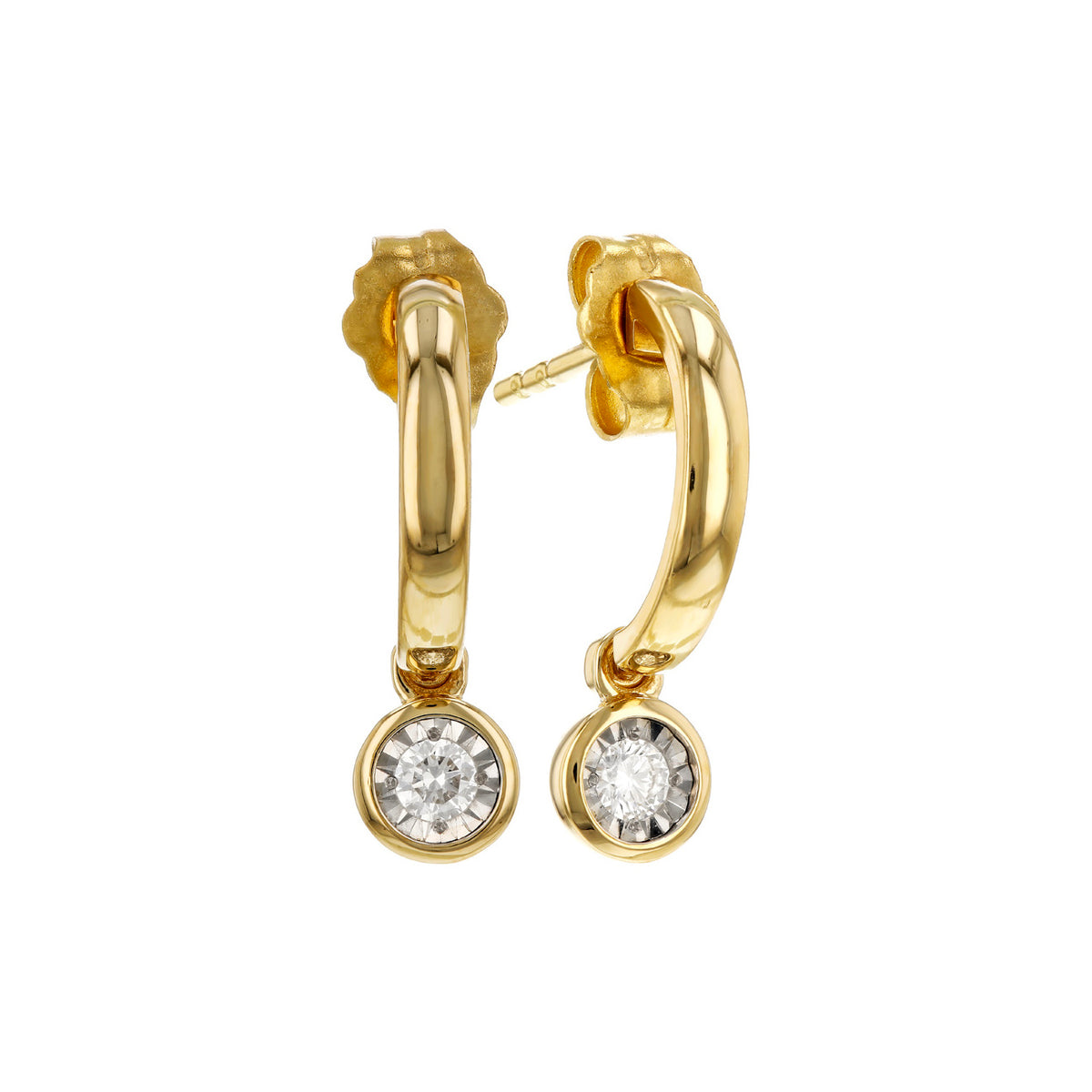 A pair of gold huggie hoop earrings with round bezel-set clear gemstones, shown against a plain white background.