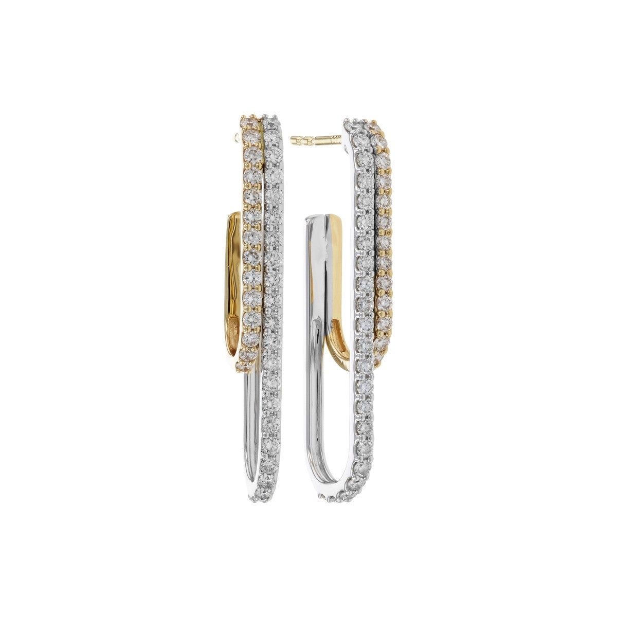 A pair of double-row hoop earrings in yellow gold and white gold, embellished with pavé-set clear stones, shown against a plain white background.