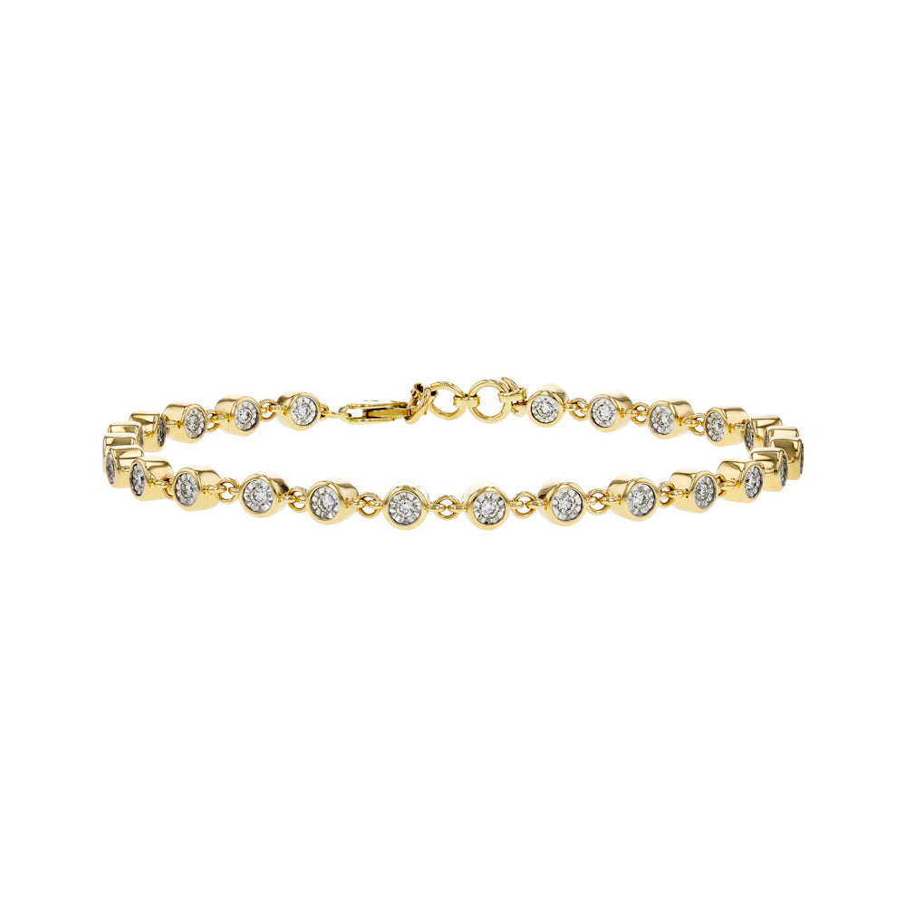 A yellow gold tennis bracelet featuring small round bezel-set clear stones, displayed against a solid white background.
