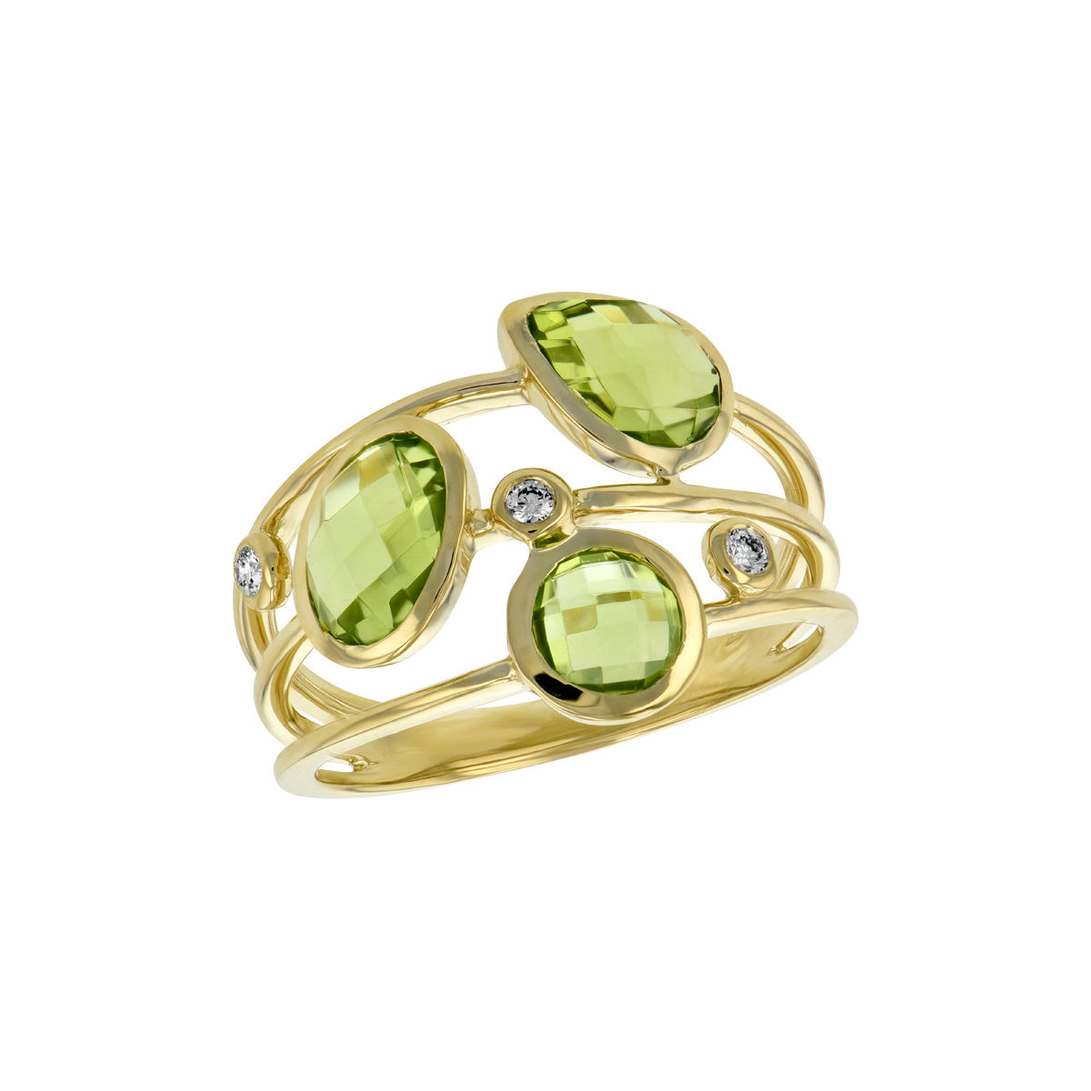 A yellow gold ring featuring three faceted light green gemstones in oval bezel settings, accented by two small round clear stones, shown on a plain white background.