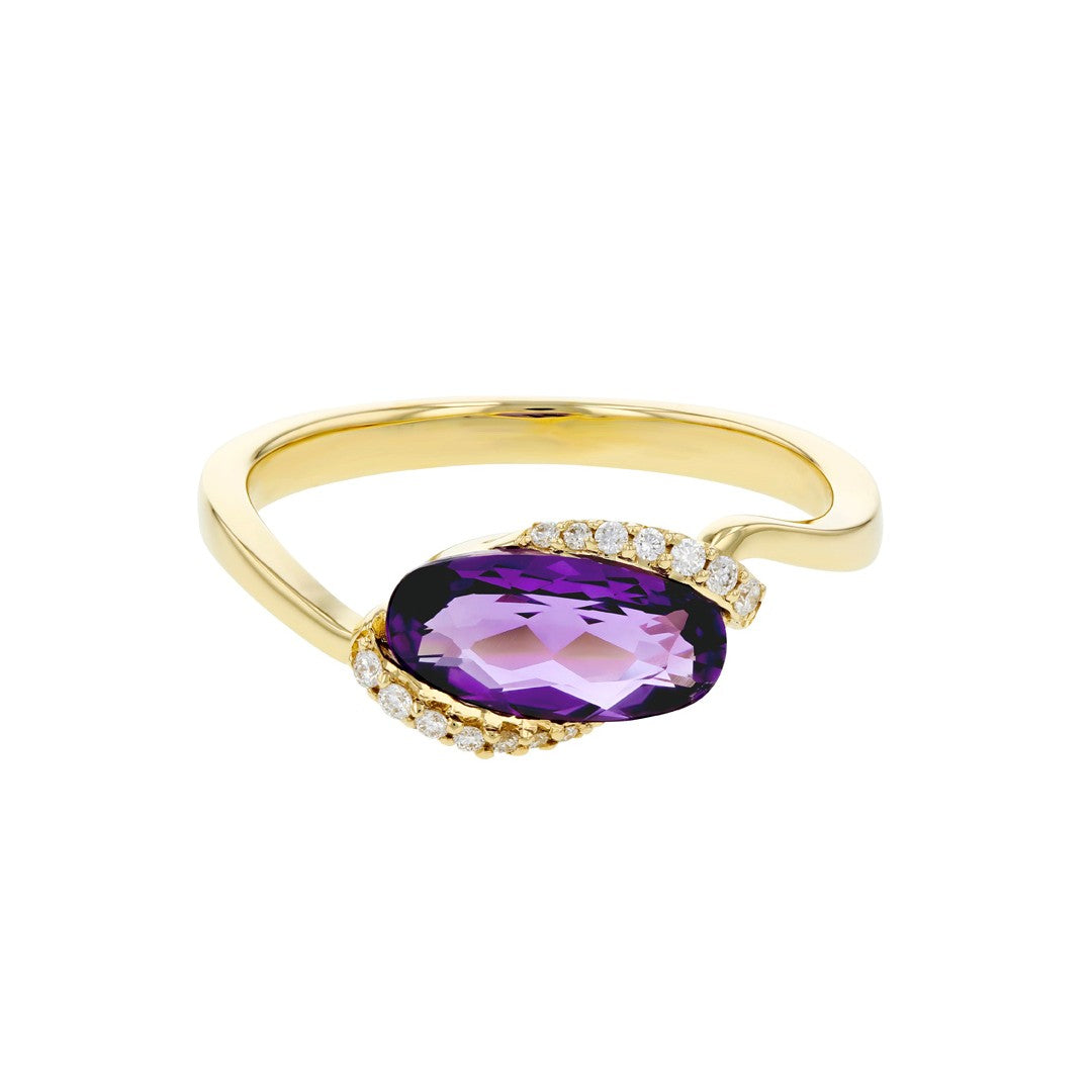 A gold ring featuring an oval-cut purple amethyst center stone, accented by small clear pavé diamonds along the band, set against a plain white background.