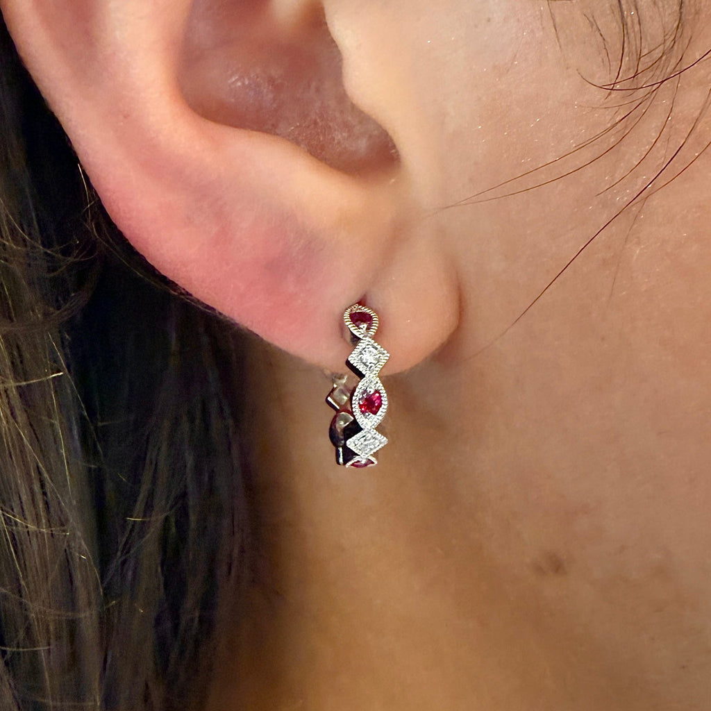 Ruby & Diamond Hoop Earrings by Allison-Kaufman, SKU 210-00412, view 2 — Moses Jewelers