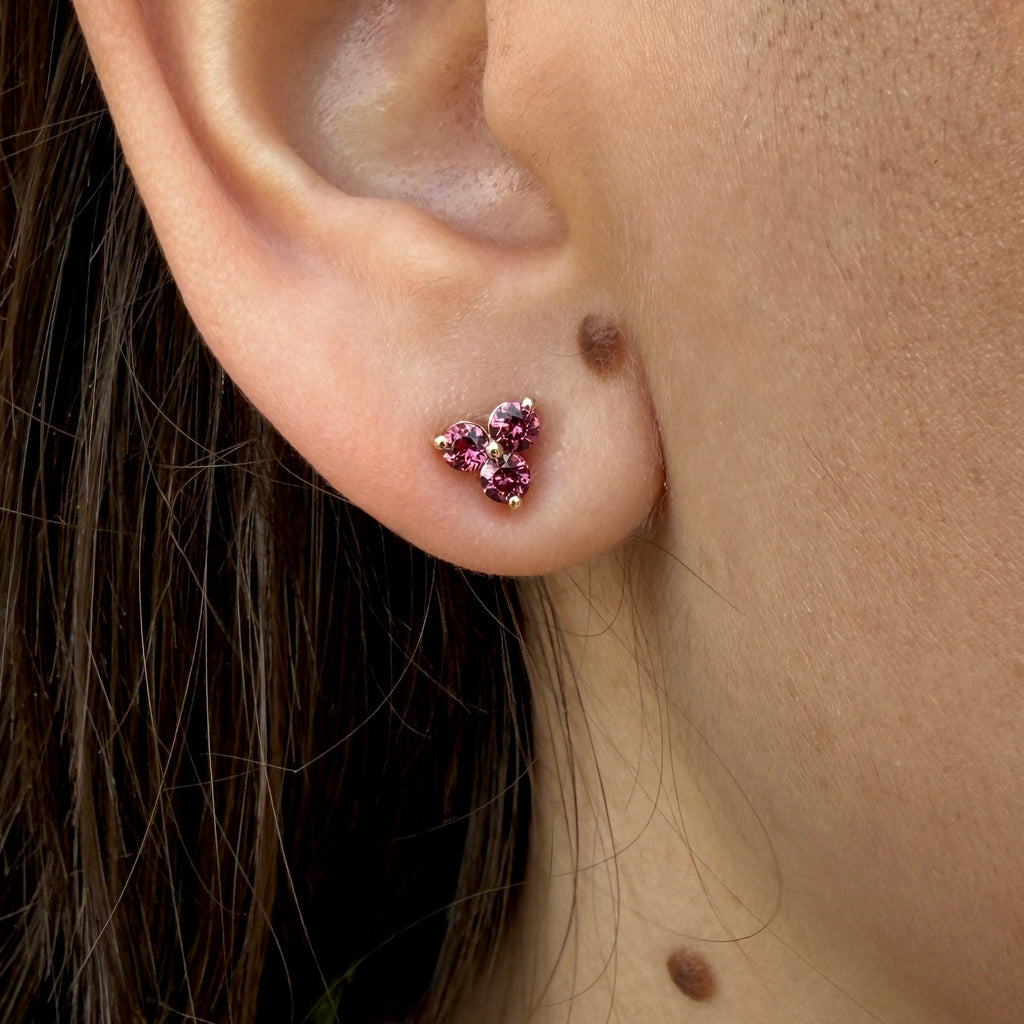 Rhodolite Garnet Trio Stud Earrings by Stuller, SKU 210-00398, view 2 — Moses Jewelers