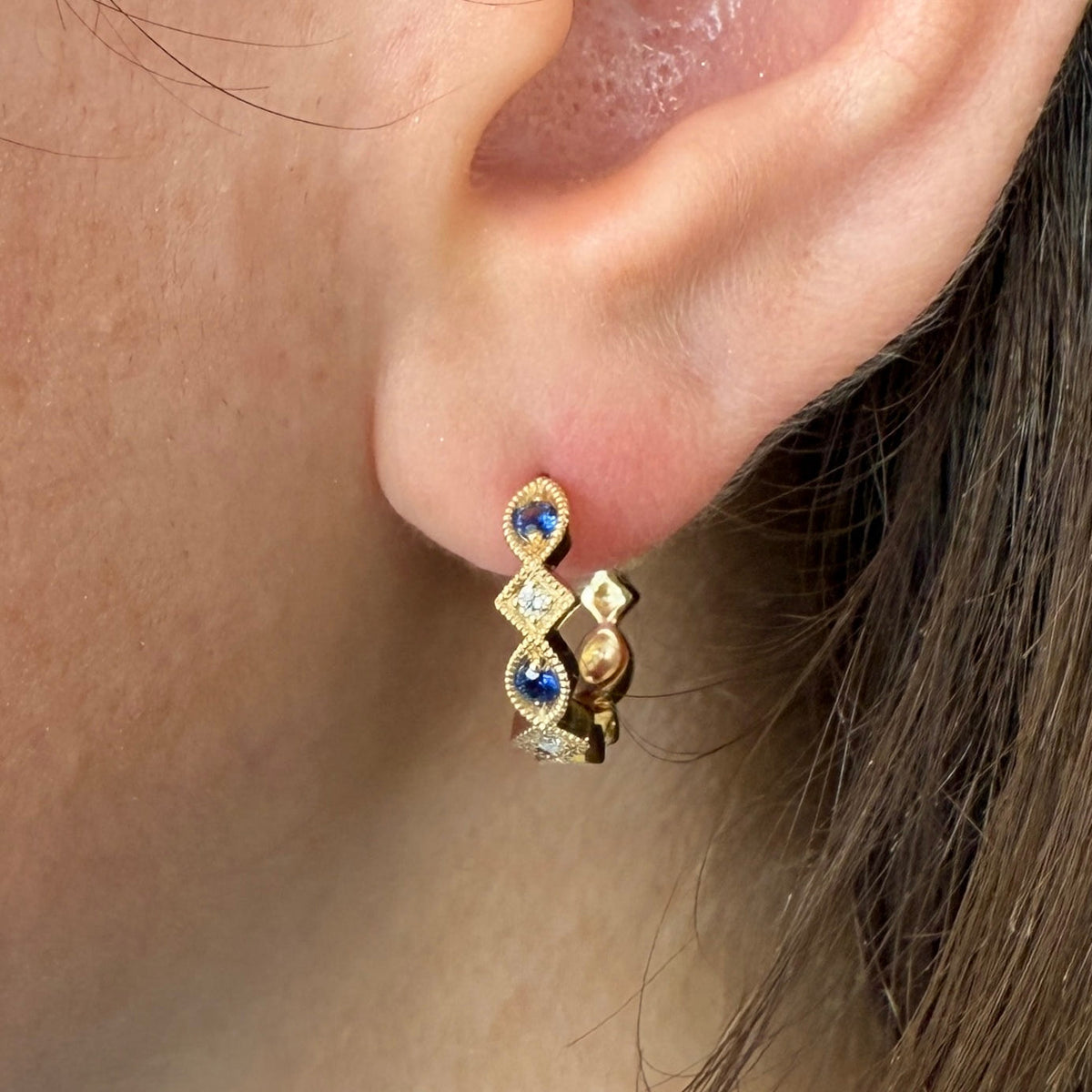 Blue Sapphire & Diamond Hoop Earrings by Allison-Kaufman, SKU 210-00411, view 2 — Moses Jewelers