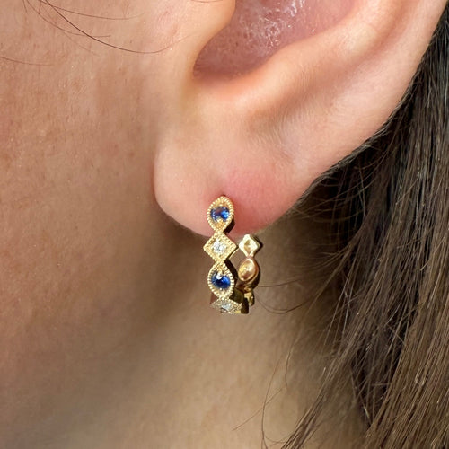 Blue Sapphire & Diamond Hoop Earrings by Allison-Kaufman, SKU 210-00411, view 2 — Moses Jewelers
