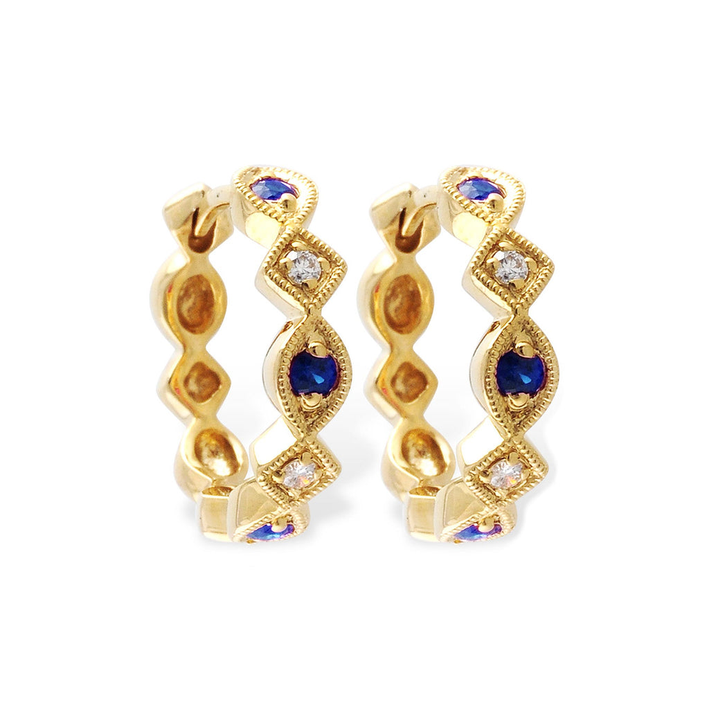 Blue Sapphire & Diamond Hoop Earrings by Allison-Kaufman, SKU 210-00411, main view — Moses Jewelers