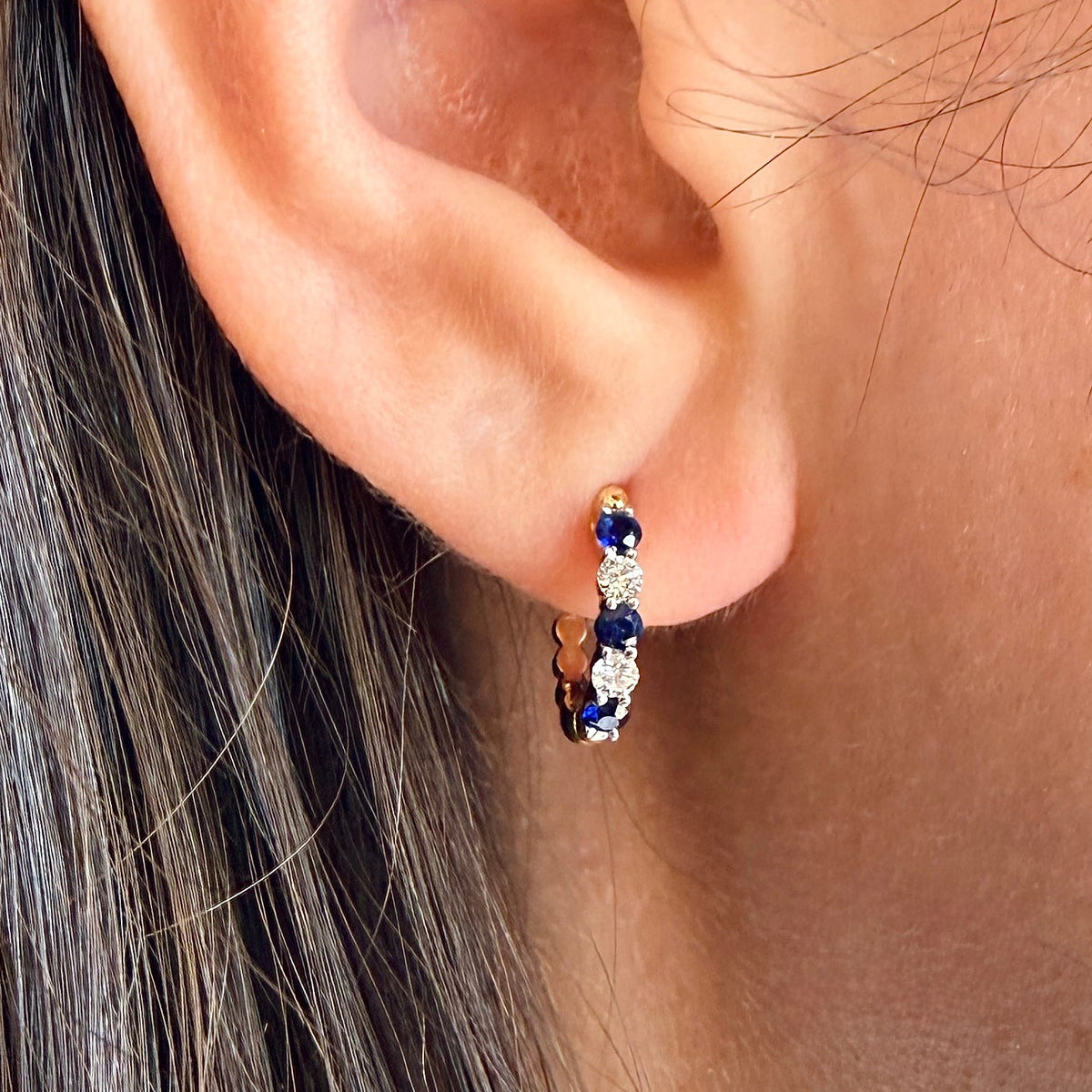 Sapphire & Diamond Huggie Hoop Earrings by Spark Creations, Inc., SKU 210-00427, view 2 — Moses Jewelers
