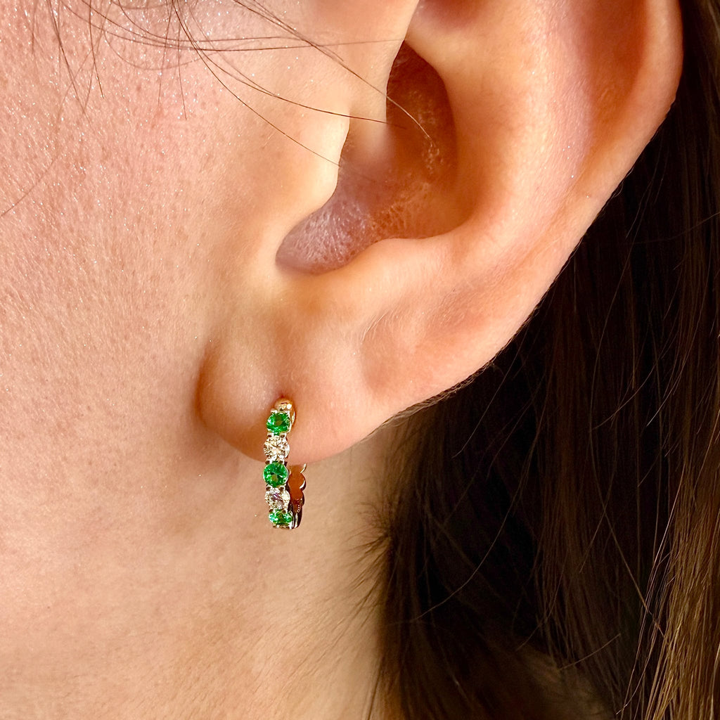 Emerald & Diamond Huggie Hoop Earrings by Spark Creations, Inc., SKU 210-00420, view 2 — Moses Jewelers