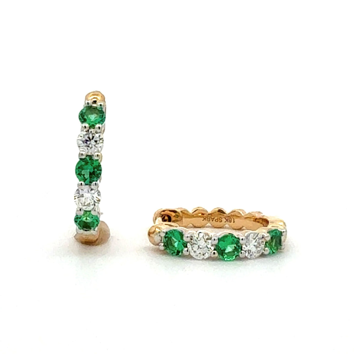 Emerald & Diamond Huggie Hoop Earrings by Spark Creations, Inc., SKU 210-00420, main view — Moses Jewelers
