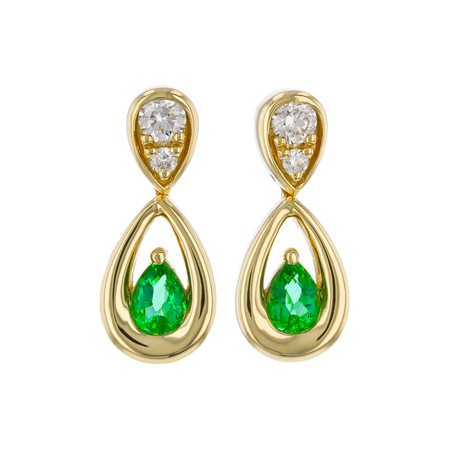 A pair of gold teardrop drop earrings featuring a vibrant green pear-cut emerald at the center and a top oval section set with clear round-cut diamonds, shown against a plain white background.