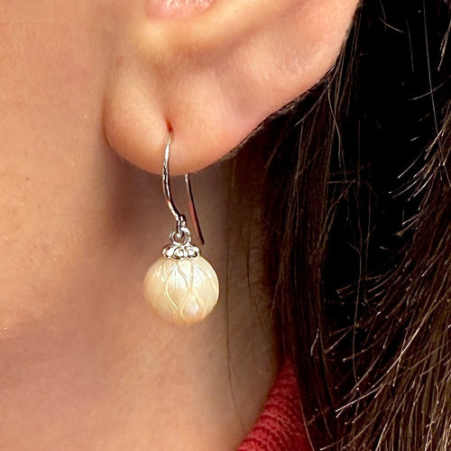 "Lucky Daisy" Carved Pearl Earrings by Galatea Jewelry By Artist, SKU 340-29037, view 2 — Moses Jewelers