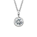 A silver pendant necklace featuring a round brilliant-cut clear gemstone in a bezel setting, suspended from a delicate silver chain against a plain white background.