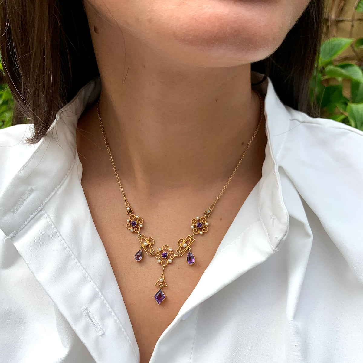 English Victorian Amethyst & Seed Pearl Necklace Circa 1900 by Joseph & Pearce Ltd., SKU 800-05016, view 2 — Moses Jewelers