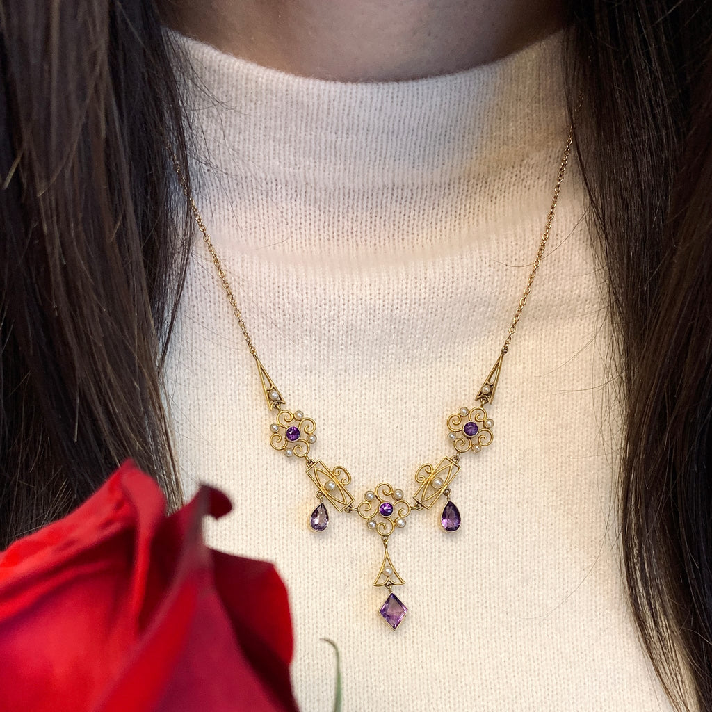 English Victorian Amethyst & Seed Pearl Necklace Circa 1900 by Joseph & Pearce Ltd., SKU 800-05016, view 3 — Moses Jewelers