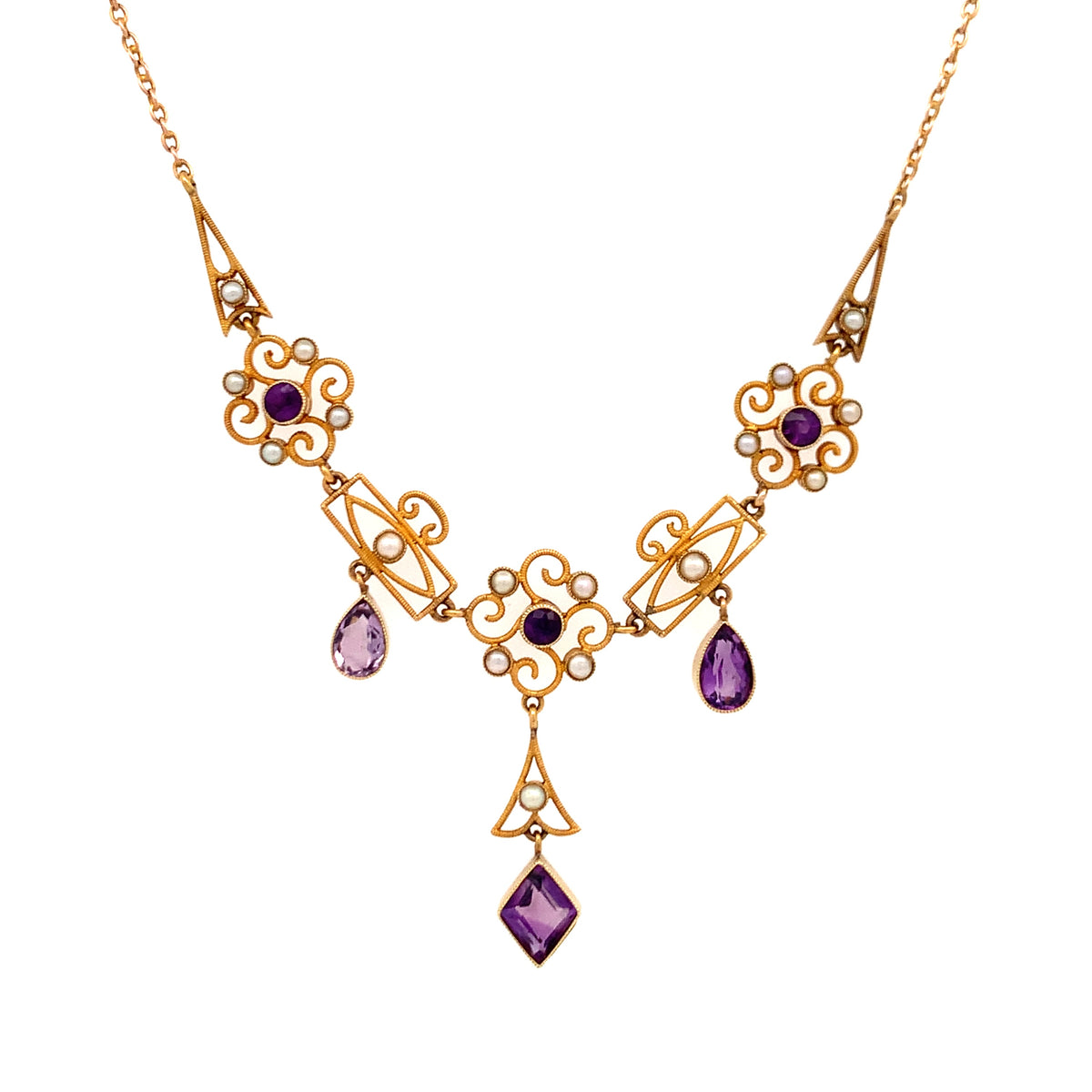 English Victorian Amethyst & Seed Pearl Necklace Circa 1900