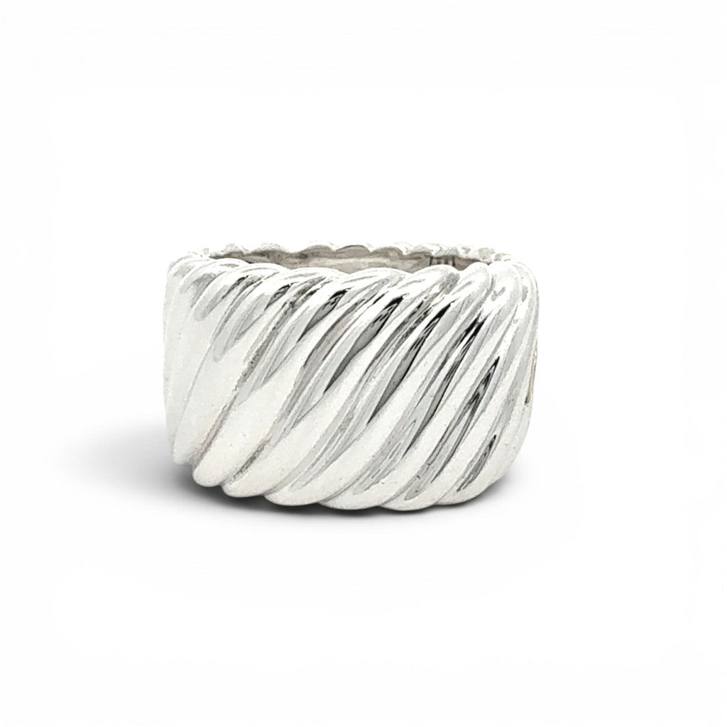 A sterling silver cable twist ring with a textured, ribbed spiral design, shown on a clean white background.