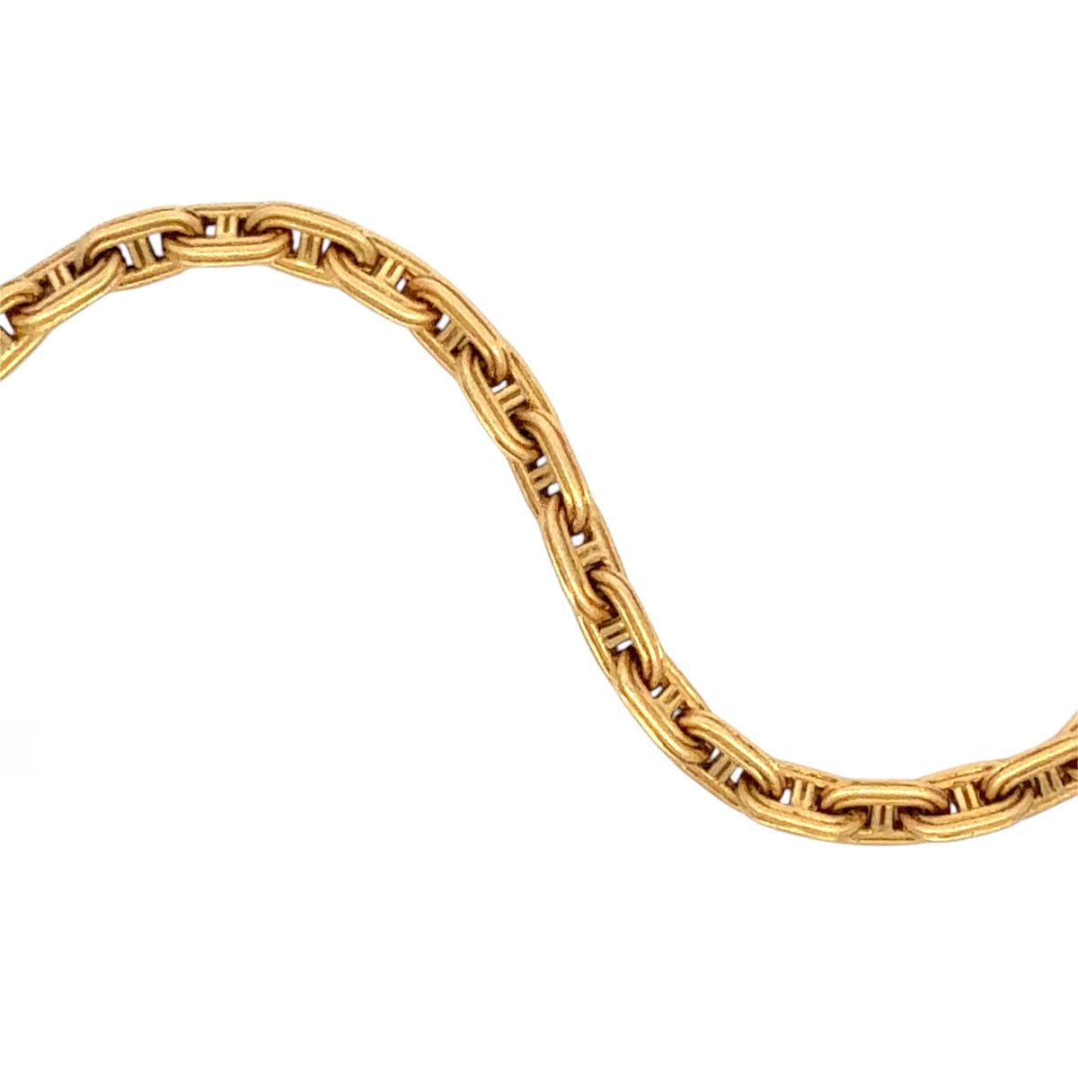 A close-up of a gold chain with interlocking oval links, shown against a plain white background.