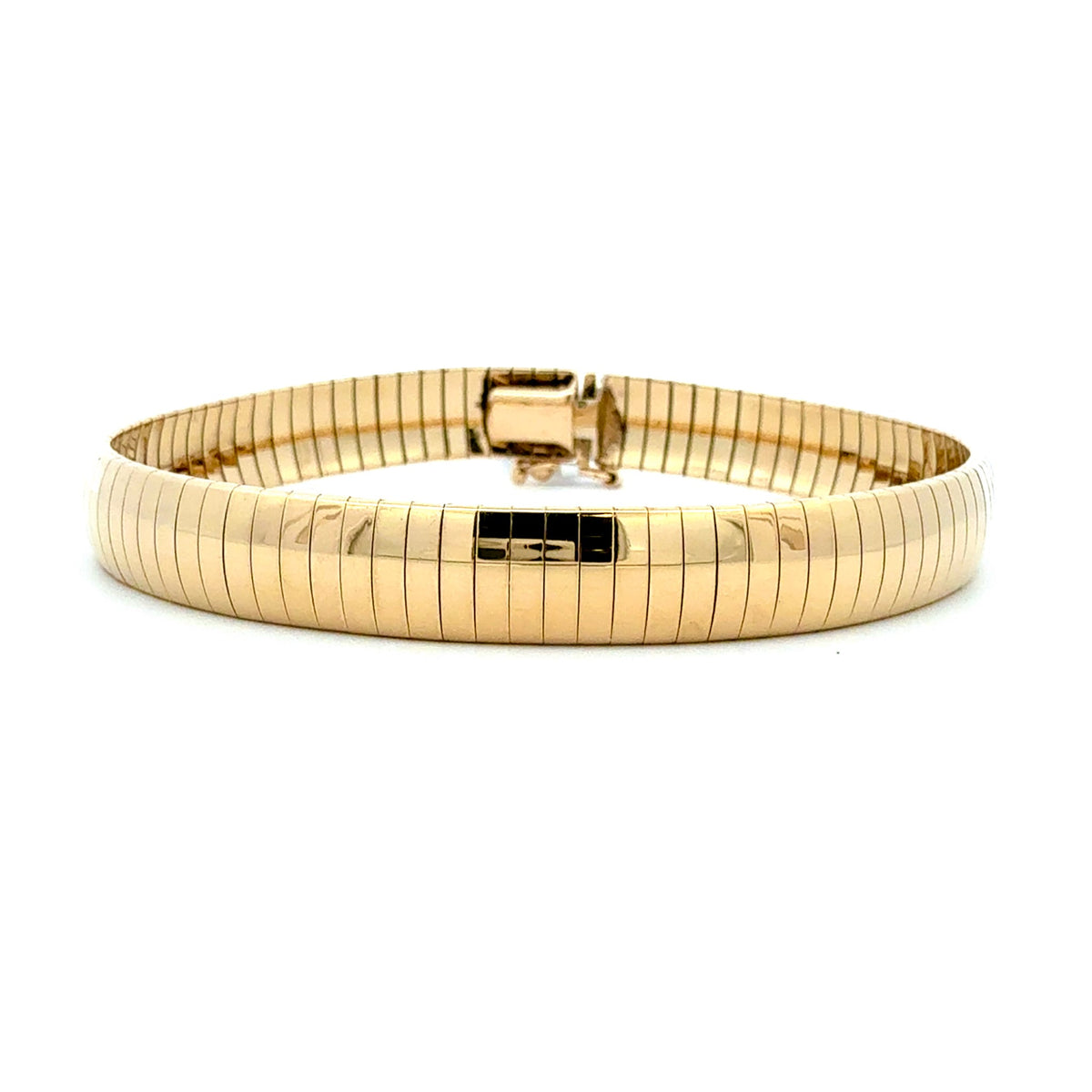 A gold-plated metal link bracelet with a distinctive horizontal ridged texture and a central clasp, shown on a plain white background.