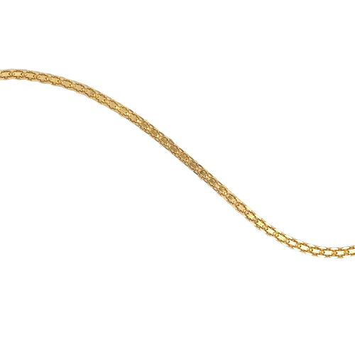 A close-up of a gold-colored chain necklace, shown in a diagonal orientation against a plain white background.