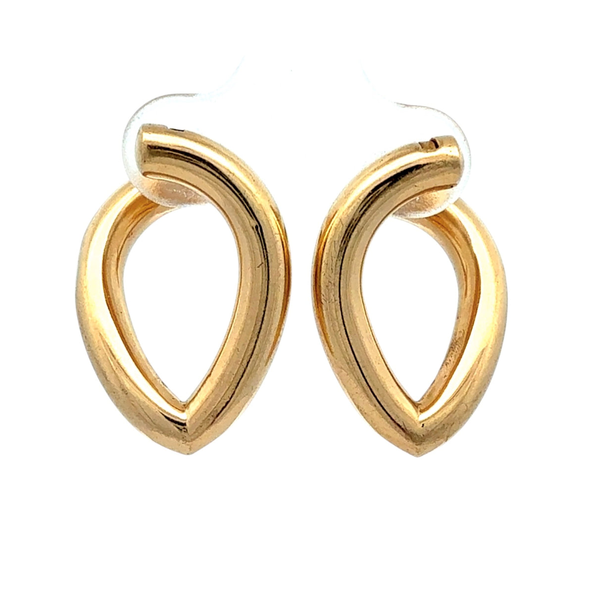 A pair of gold-toned open teardrop hoop earrings with a polished finish, displayed on a clean white background.