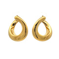 A pair of gold teardrop-shaped hoop earrings with a polished, reflective finish, shown against a plain white background.