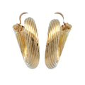 A pair of gold hoop earrings with a textured, ribbed spiral design and hook backings, shown against a plain white background.