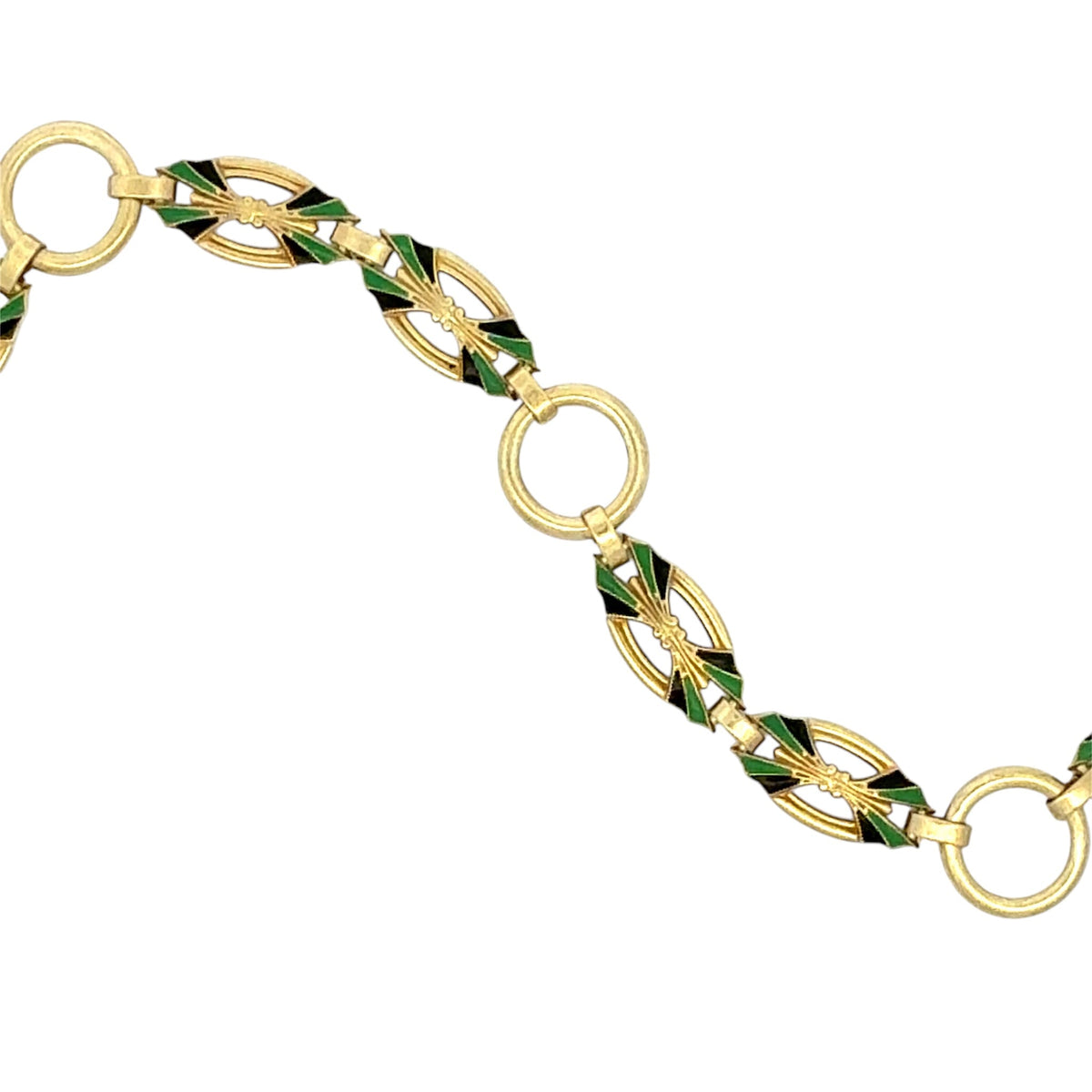 A close-up of a gold chain bracelet featuring alternating oval links with green and black enamel detailing, set against a plain white background.