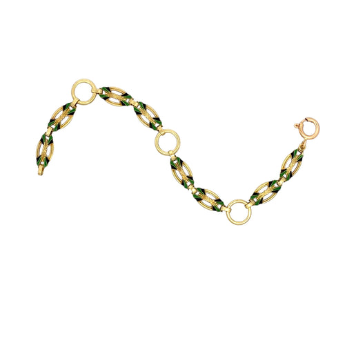 A gold chain bracelet with alternating oval links filled with green textured material and three circular gold links, shown on a plain white background.