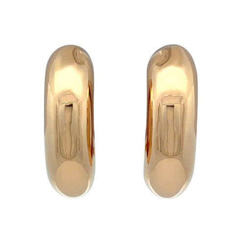 A pair of polished yellow gold hoop earrings with a smooth, rounded, elongated oval shape, shown against a plain white background.