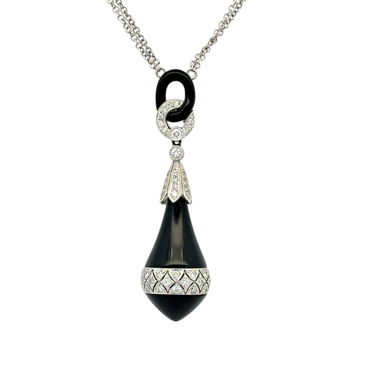 Art Deco Inspired Black Onyx & Diamond Drop Necklace