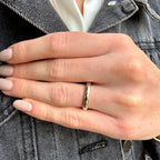 A close-up of a person's hand wearing a thin, polished gold band ring, styled with a gray denim jacket and white collared shirt.