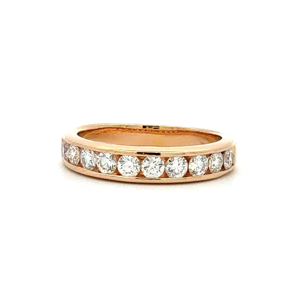 A rose gold eternity ring featuring a row of round-cut clear gemstones set in a polished band, shown against a plain white background.