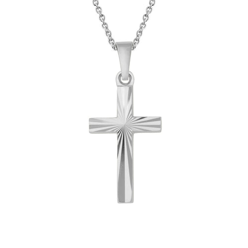 Silver cross pendant on a chain against a white background