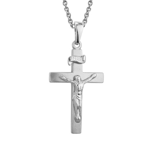 A silver crucifix pendant necklace featuring a detailed corpus of Jesus Christ on a polished cross with a banner inscribed with 'INRI' at the top, suspended from a matching silver link chain against a plain white background.