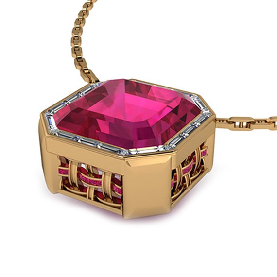 Custom basketweave ruby ring, side view — Moses Jewelers