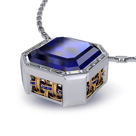 Custom basketweave sapphire ring, side view — Moses Jewelers